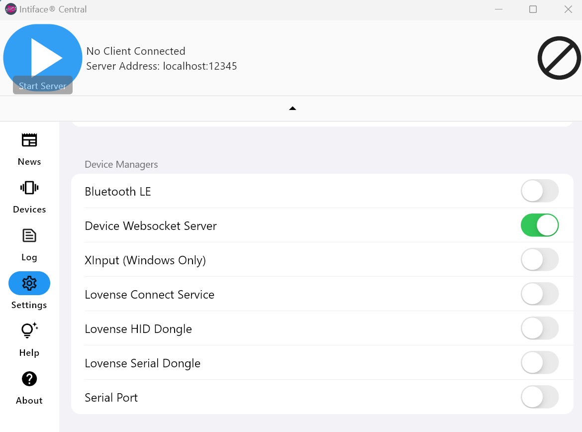 Intiface Central Settings Dialog